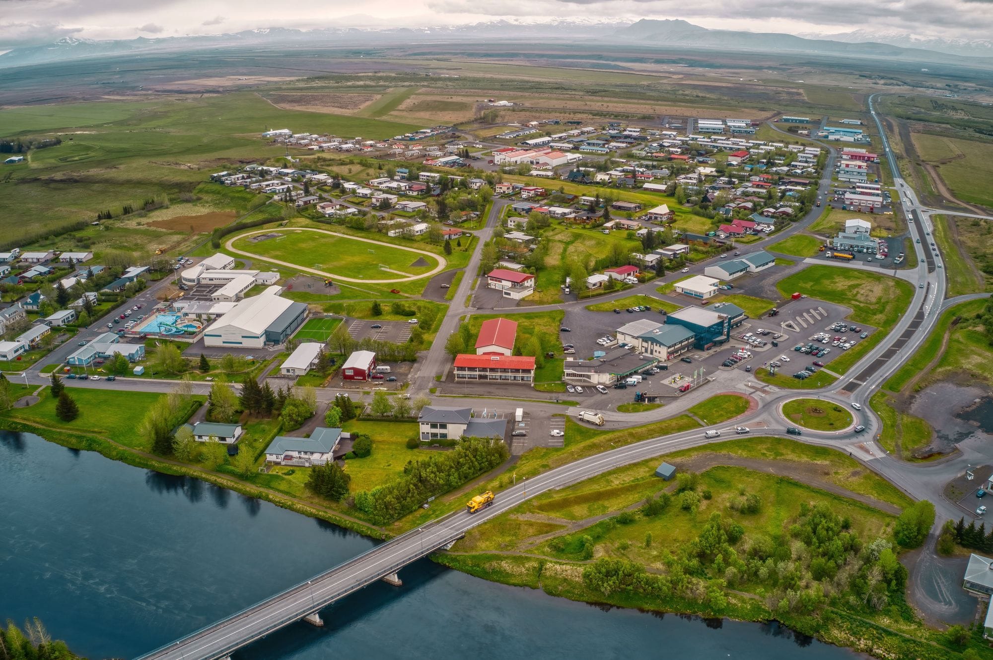 Loftmynd af Hellu á Suðurlandi Íslands