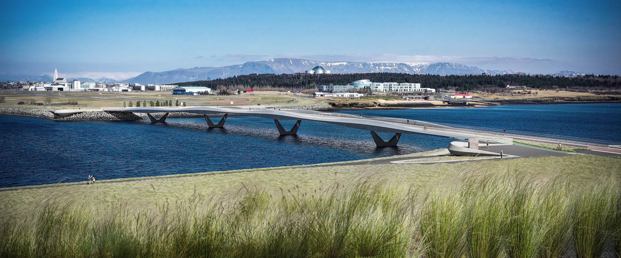 A rendering of a pedestrian bridge crossing the ocean, connecting Reykjavík and Kópavogur. 